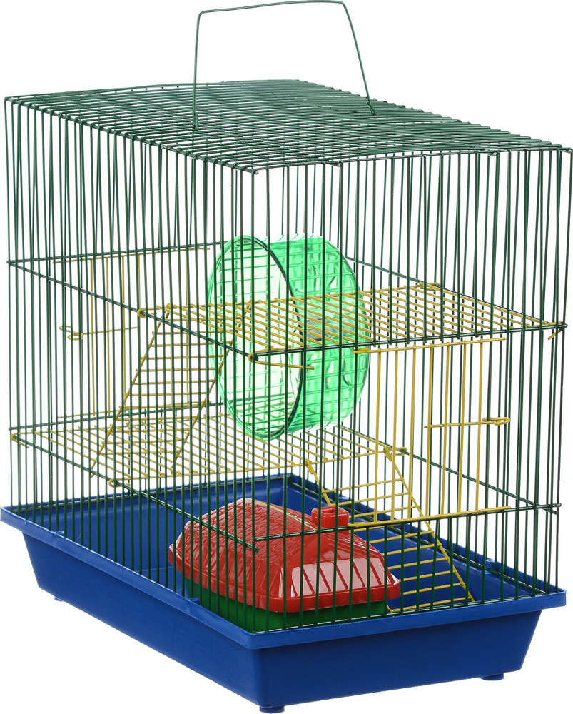 Клетка для грызунов "ЗооМарк", 3-этажная, цвет: синий поддон, зеленая решетка, желтые этажи, 36 х 23 #1