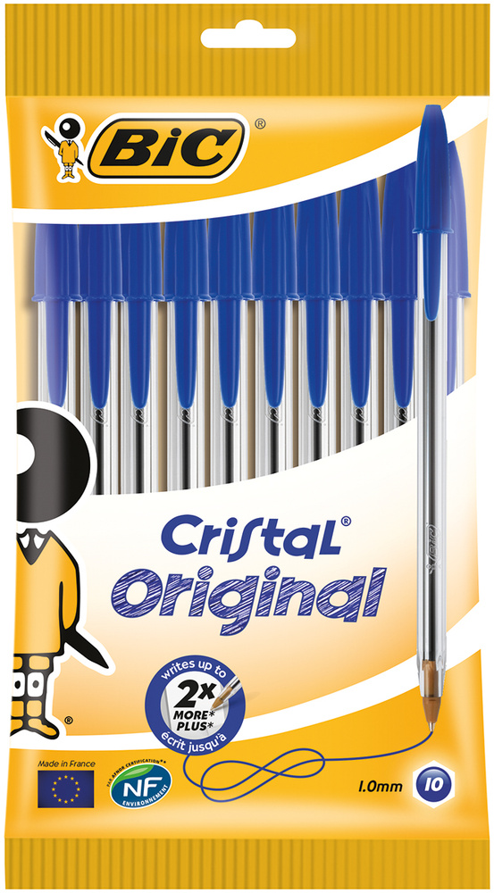 Ручки шариковые синие BIC Cristal Original, среднее письмо, прозрачный корпус, 10 штук в упаковке  #1