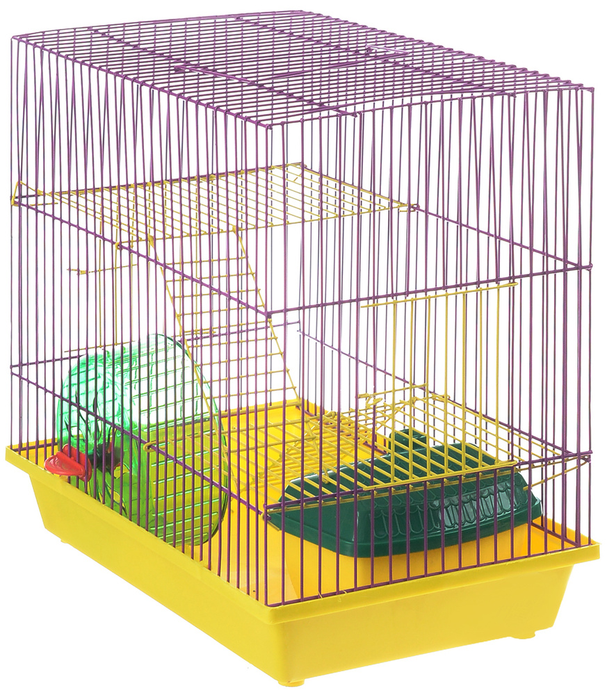 Клетка для грызунов "ЗооМарк", 3-этажная, цвет: желтый поддон, фиолетовая решетка, желтые этажи, 36 х #1