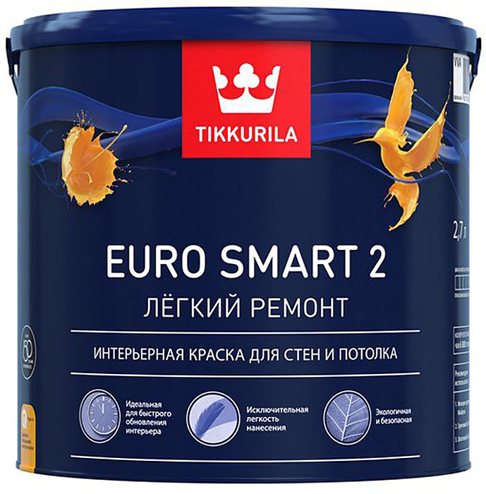 Tikkurila Краска "Euro Smart-2", интерьерная, Водно-дисперсионная, 2.7 л, белый  #1