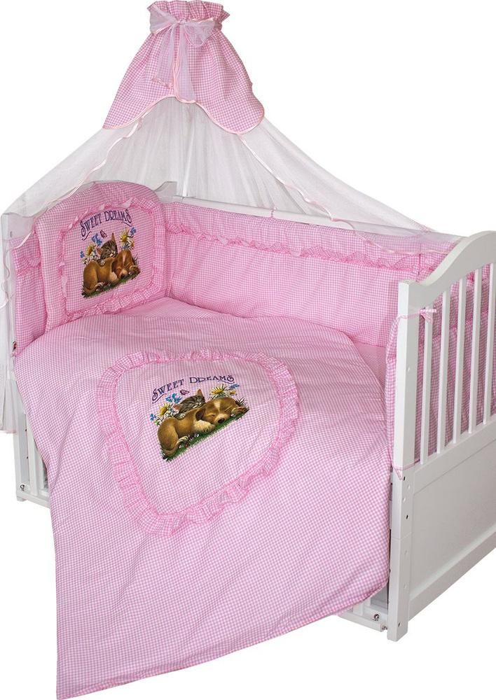 Комплект в кроватку для новорожденного Золотой Гусь Аленка 7 предметов розовый с балдахином хлопок бязь #1