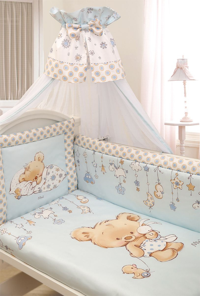 Комплект в кроватку для новорожденного Золотой Гусь Микуша сатин,100% хлопок, с бортиками и балдахином, #1