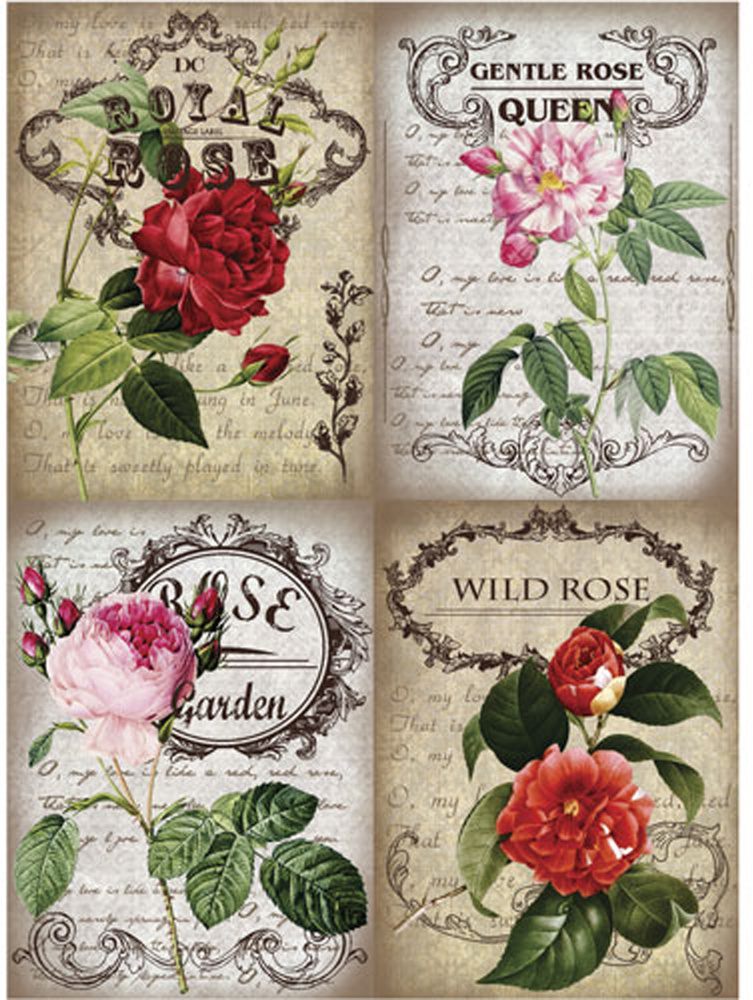 Тонкая рисовая бумага для декупажа 25 г/м2, формат А3, Craft Premier "Королевские розы", цветы открытки #1