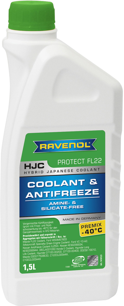 1410123-150-01-999 Антифриз зеленый RAVENOL HJC Hybrid Japanese Coolant Premix -40C готовый раствор (1,5л) #1