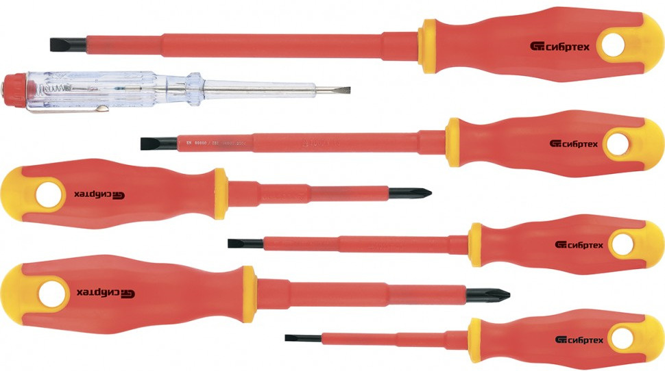 Набор отверток диэлектрических до 1000 В, 7 шт, тестер, CrV, двухкомпонентные рукоятки // Сибртех 12936 #1
