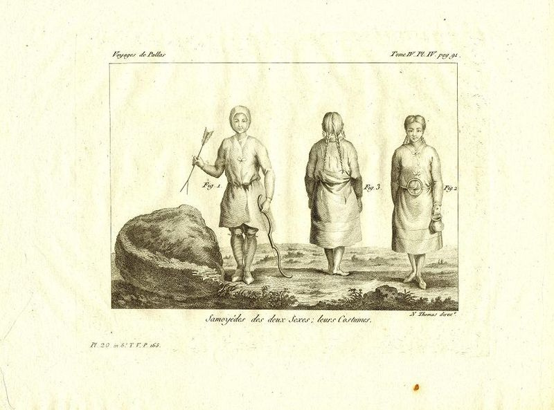 Антикварная резцовая гравюра, офорт. Самоеды (ненцы, энцы) в национальных костюмах. Франция, 1794 год #1