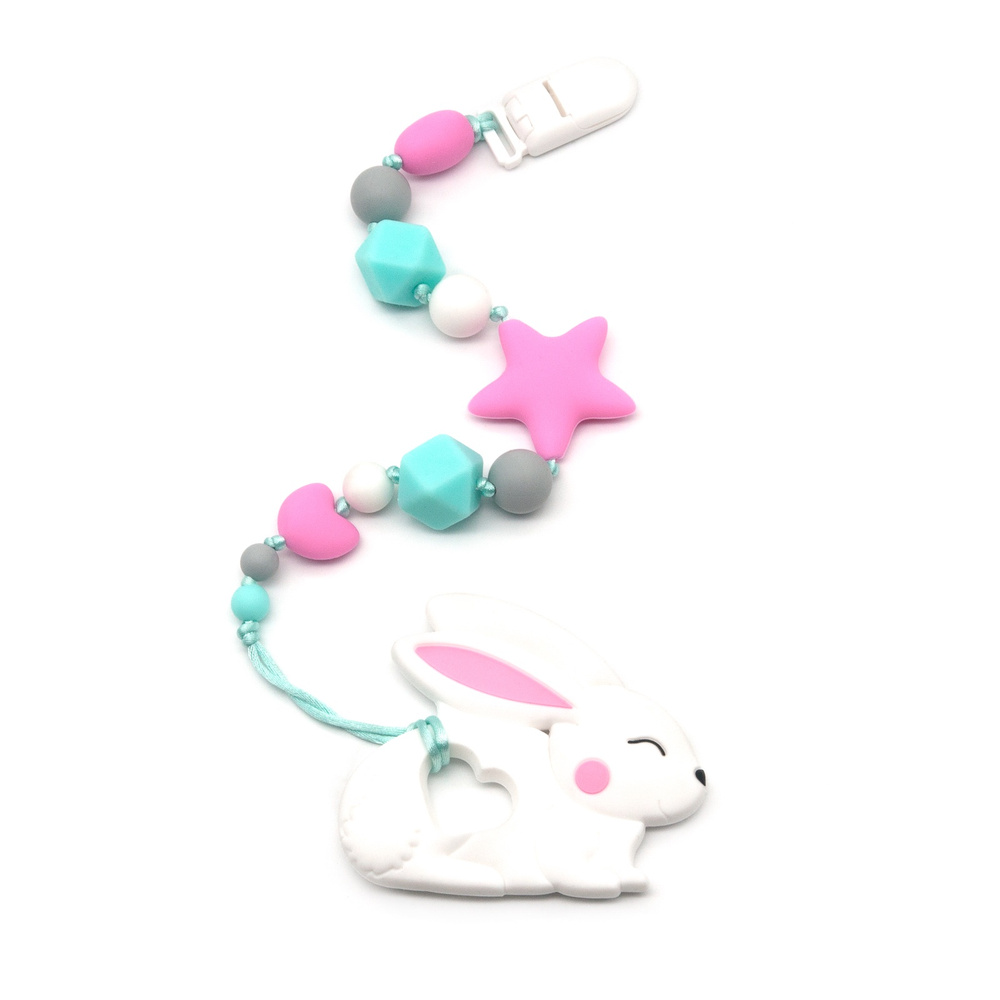 Грызунок -прорезыватель розово-ментоловый на держателе с клипсой, белый заяц  #1