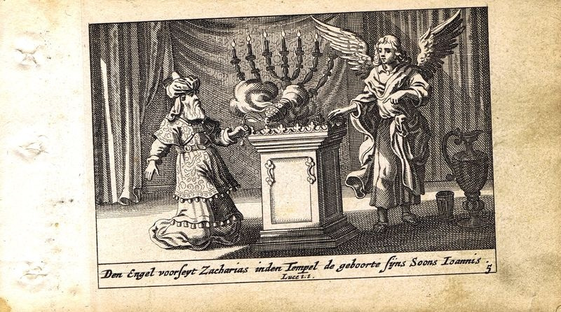 Антикварная резцовая гравюра, офорт. Новый Завет. Захария и ангел в храме. Нидерланды, 1659 год  #1