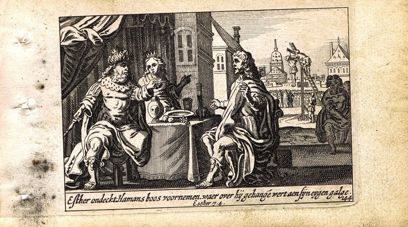 Антикварная резцовая гравюра, офорт. Ветхий Завет. Артаксеркс и Аман на пиру у Эсфири. Нидерланды, 1659 #1