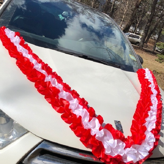Свадебная лента для авто "Трехрядная", красно-белая, атлас  #1