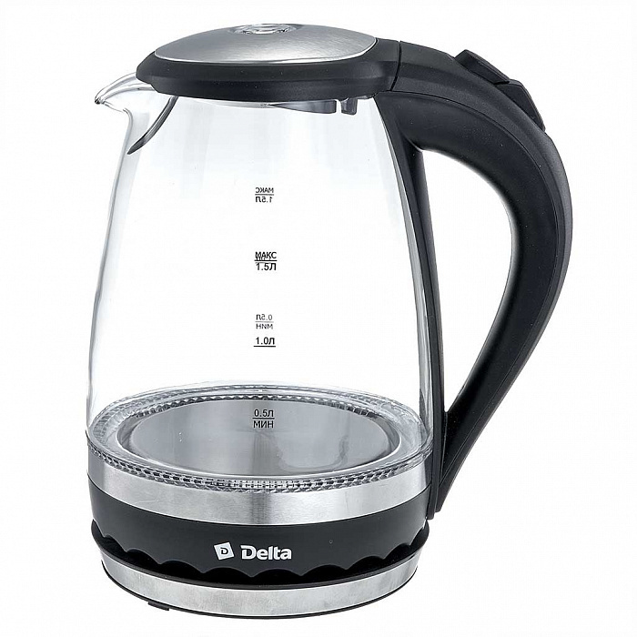 Электрический чайник DELTA DL-1202 стекло черный, 1,5л, 2200Вт #1
