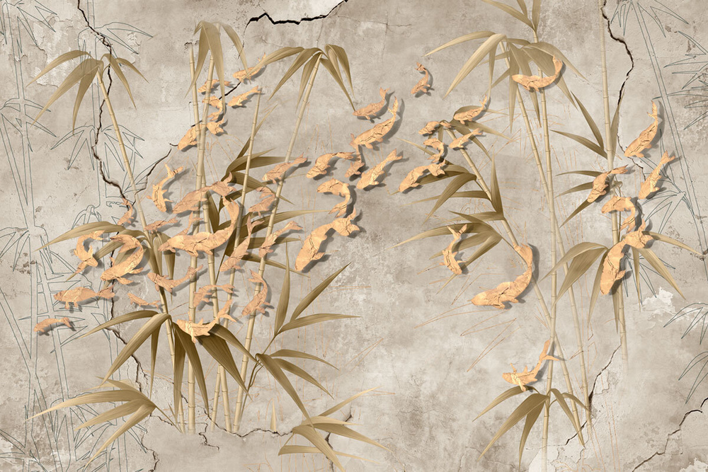 Фотообои флизелиновые на стену 3д GrandPik 17149 "Золотые рыбки в бамбуке", (ШхВ) 420х280 см  #1