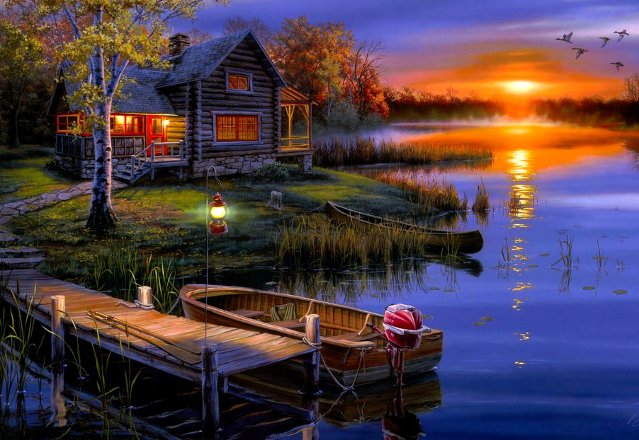 Картина по номерам на холсте 40х50 40 x 50 на подрамнике "Деревянный домик у озера на закате" DVEKARTINKI #1