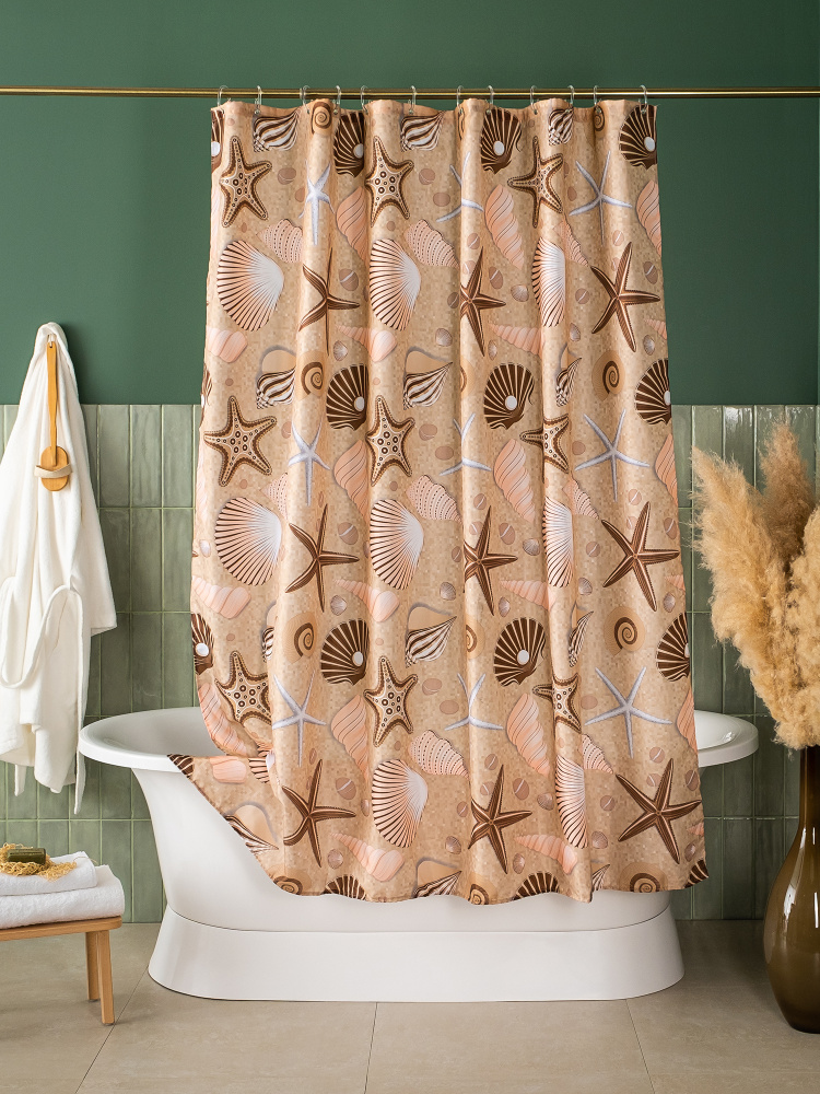Занавеска (штора) Shеll для ванной комнаты тканевая 180х180 (шхв)см., цвет бежевый  #1