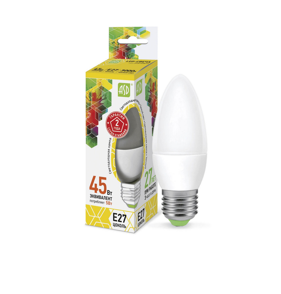 Лампочка Светодиодная ASD LED Свеча, 5 Вт E27 3000К, Теплый белый свет , 10ш.  #1