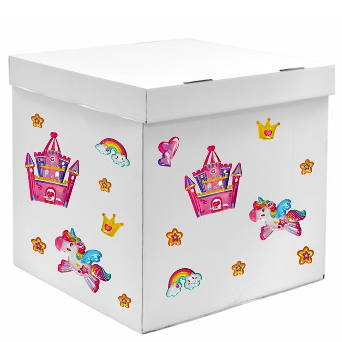Коробка для воздушных шаров с наклейками 'Единороги', Белый, 70х70х70 см, набор 5 шт.  #1