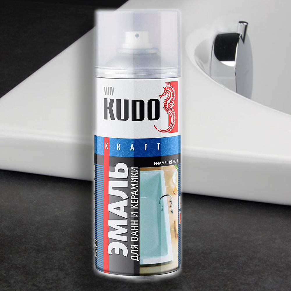 Эмаль (краска) для ремонта ванны, ванн, раковин и керамики KUDO аэрозоль Белая, 520мл  #1