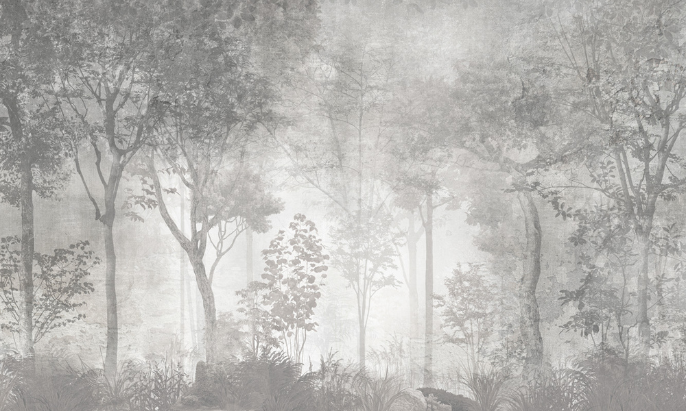 Фотообои флизелиновые на стену 3д GrandPik 26027 Лофт "Лес, деревья в тумане, винтаж, серые" (ШхВ), 450х270 #1
