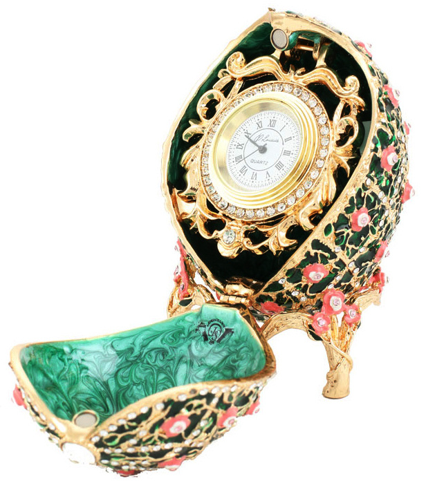 Яйцо-шкатулка в стиле Фаберже Розы с часами, зеленое, 9,5см  #1