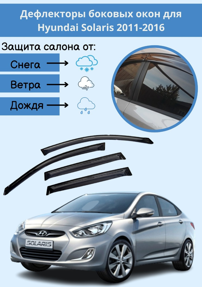 Дефлекторы на боковые окна Hyundai Solaris седан 2011-2016 г. Ветровики на Хундай Соларис 4 шт  #1