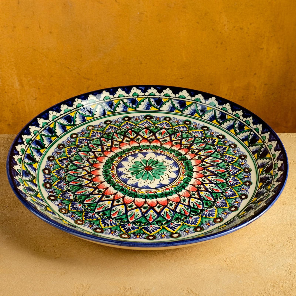 Ляган, блюдо для плова Шафран "Риштанская Керамика", круглый, диаметр 36 см, зелёно-синий орнамент  #1