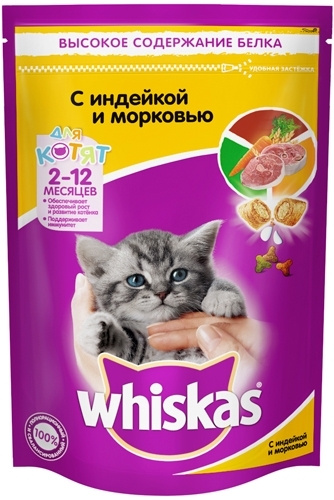 Полнорационный сухой корм Whiskas для котят подушечки с молоком Индейка/Морковь 350г  #1