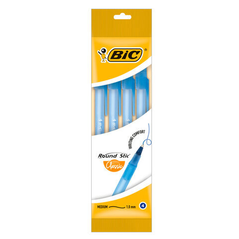 Ручки шариковые BIC "Round Stic", НАБОР 4 шт., СИНИЕ, узел 1 мм, линия письма 0,32 мм, пакет  #1