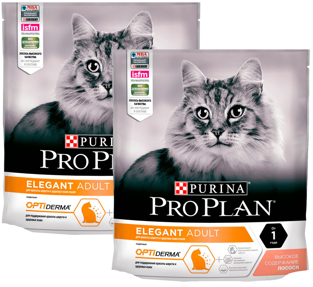 Сухой корм PRO PLAN CAT ELEGANT для взрослых кошек с чувствительной кожей с лососем (0,4 + 0,4 кг)  #1