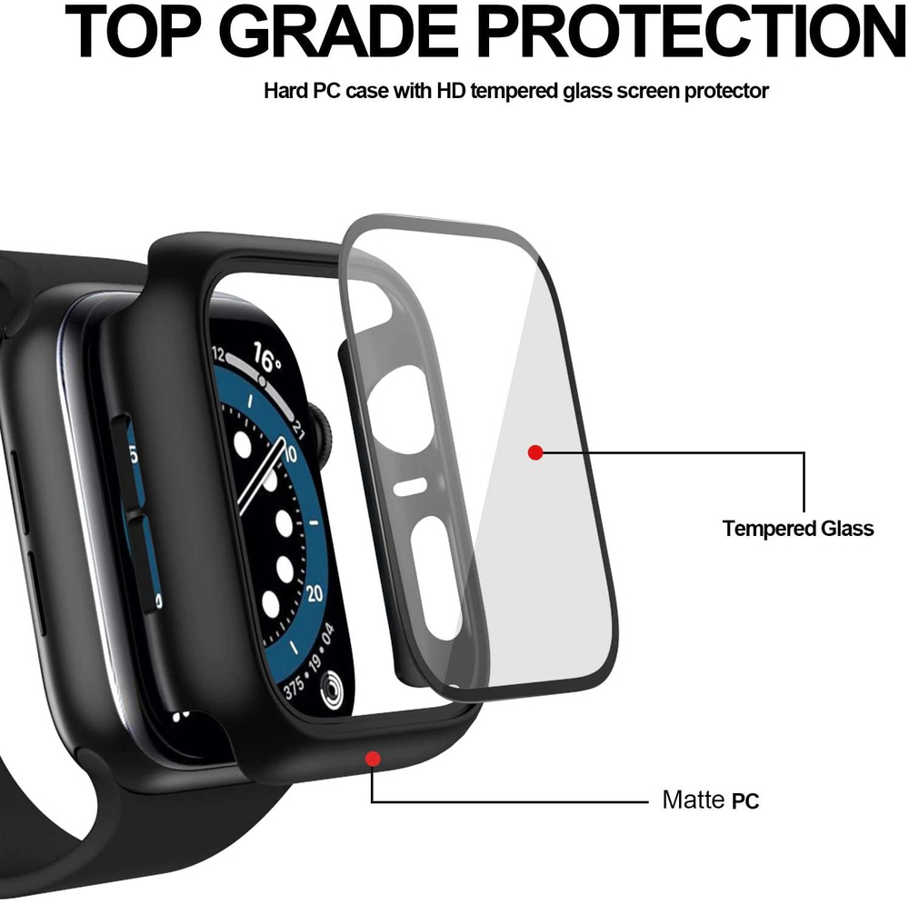 Защитный противоударный чехол+стекло для корпуса Apple Watch Series 4, 5, 6, SE 44 мм, черный  #1