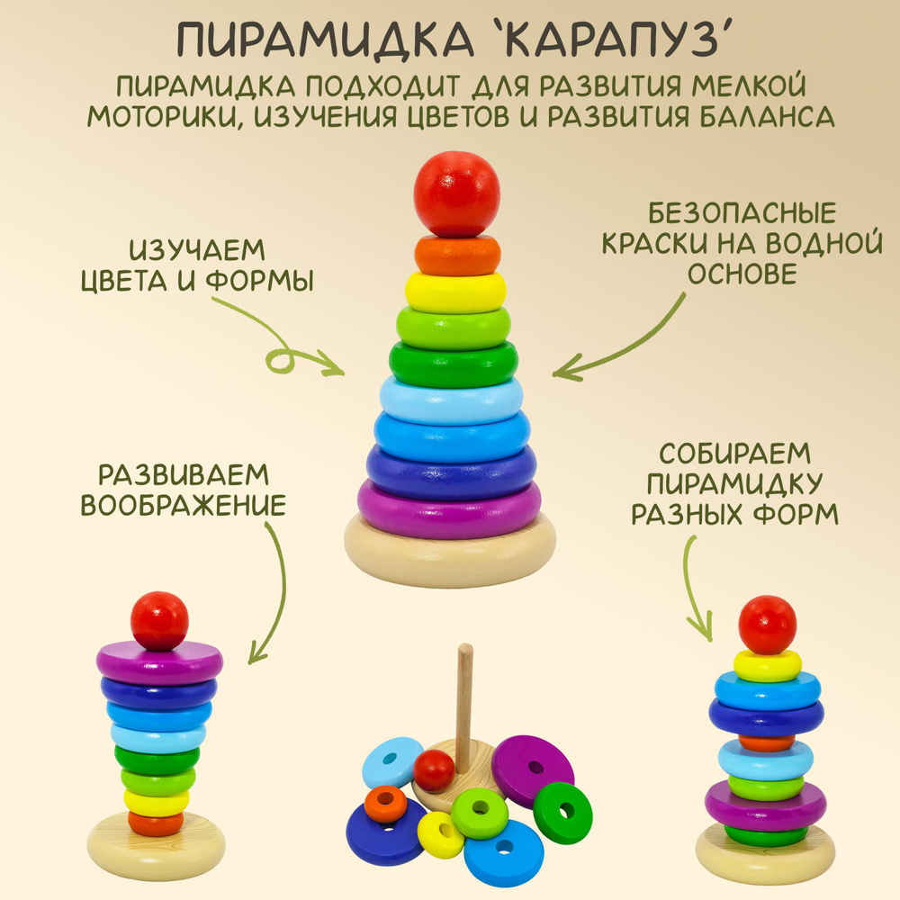 Классическая развивающая пирамидка для малышей "Карапуз", 10 деталей из дерева  #1