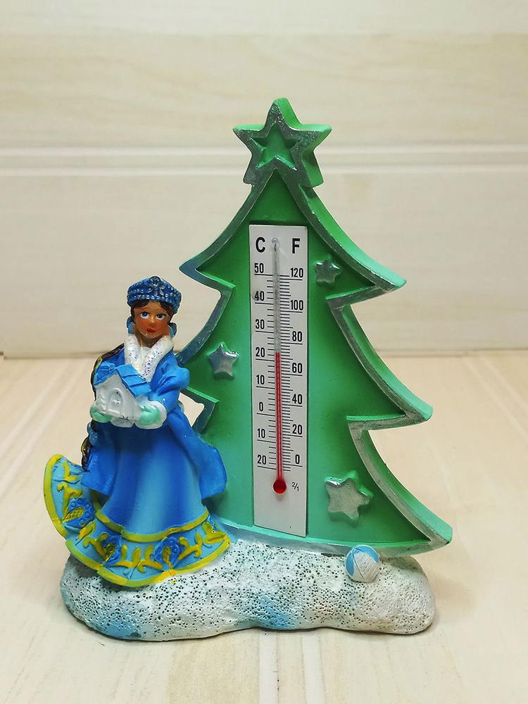 Новогодний сувенир статуэтка Композиция "Снегурочка с ёлкой" с термометром 13см  #1