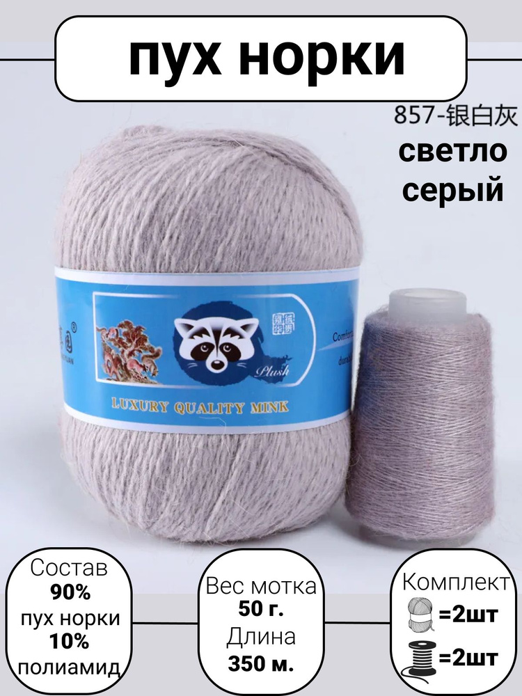 Пряжа Mink Wool Пух норки 50г, 350м (цвет 857 св. серый), 2шт+дополнительная нить  #1