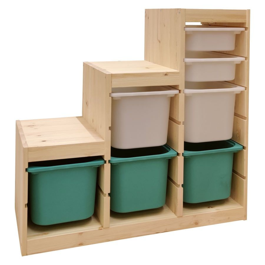 Деревянный стеллаж для игрушек "Лесенка" с бирюзовыми (3) и белыми (2+2) контейнерами TROFAST, 93.3х43.8х90.6 #1