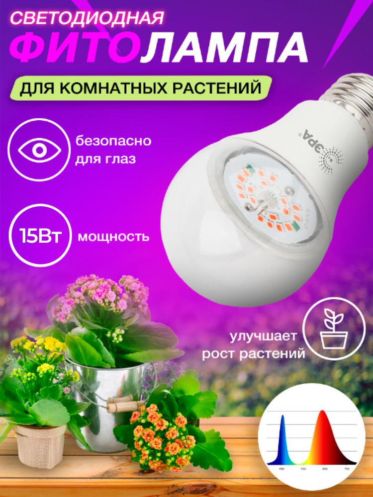 Фитолампа для растений светодиодная полного спектра LED-A60-FITO 15Вт ...