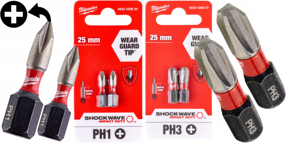 PH1(4шт)+PH3(4шт) 25мм. Набор бит для шуруповёрта ударных Shockwave MILWAUKEE  #1