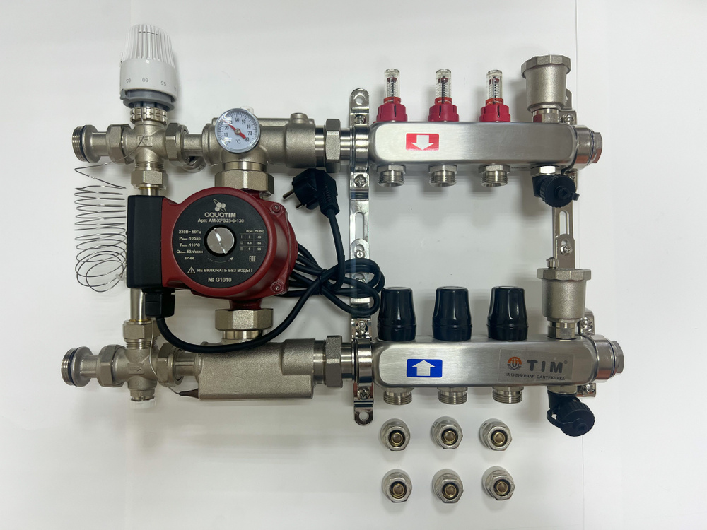 Комплект для водяного теплого пола с насосом: Коллектор 3 выхода с расходомерами + смесительный узел #1