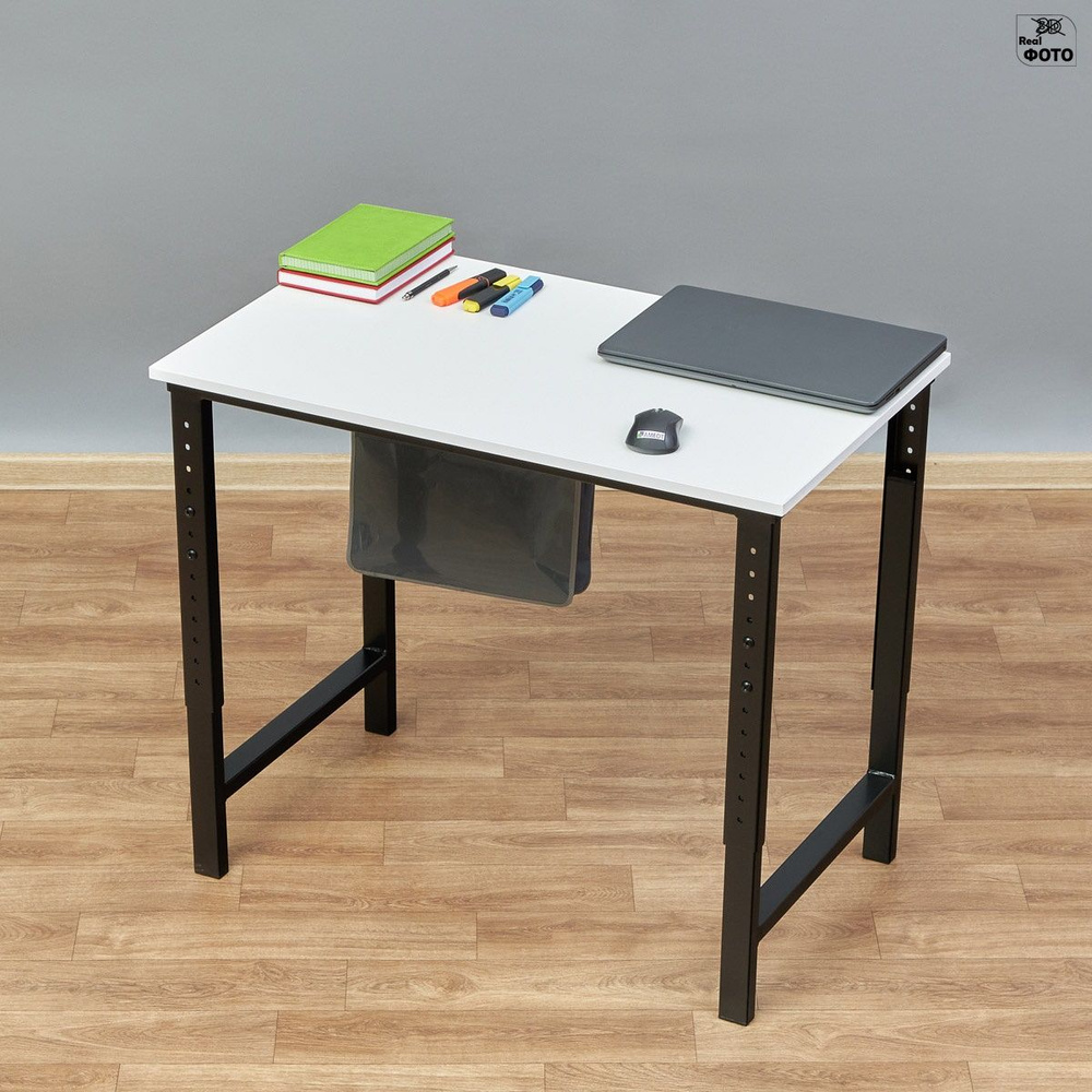 Компьютерный стол регулируемый по высоте Мадий 12W ш86/г52/в61-91 белый/черный на металлокаркасе  #1
