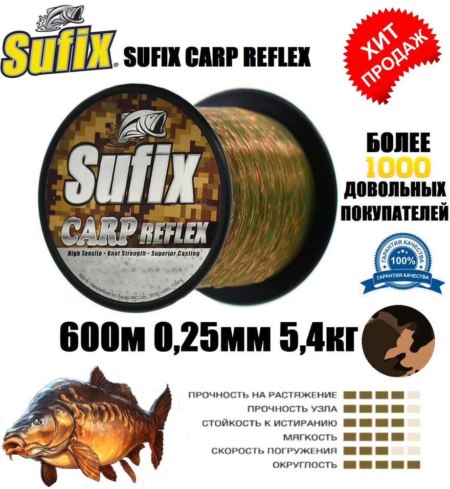 Леска для рыбалки, леска рыболовная SUFIX Carp Reflex камуфляж 600 м 0.25 мм 5,5 кг - подарок рыбаку #1