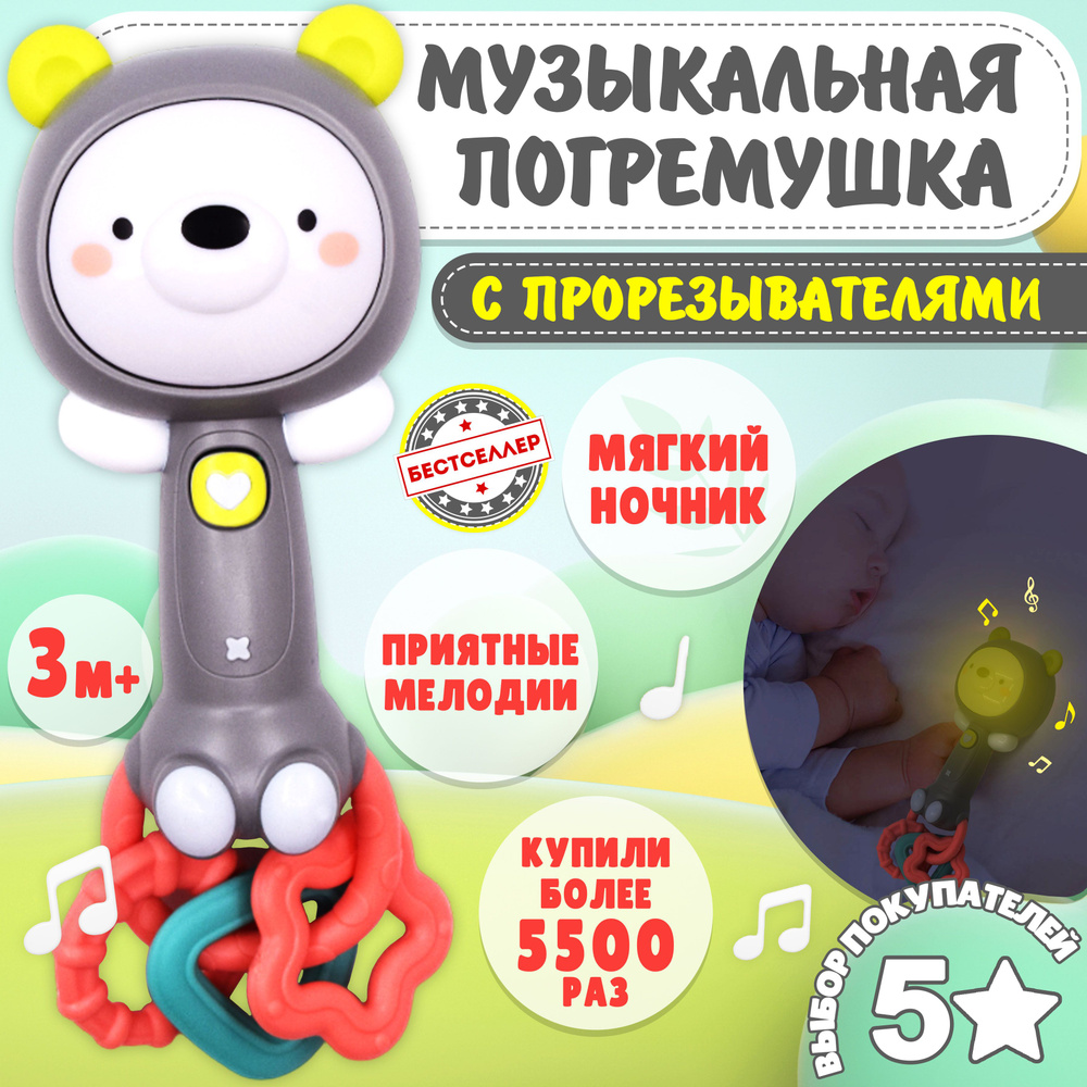 Музыкальная интерактивная игрушка "Мишка", цвет серый / Силиконовый грызунок - прорезыватель для зубов #1