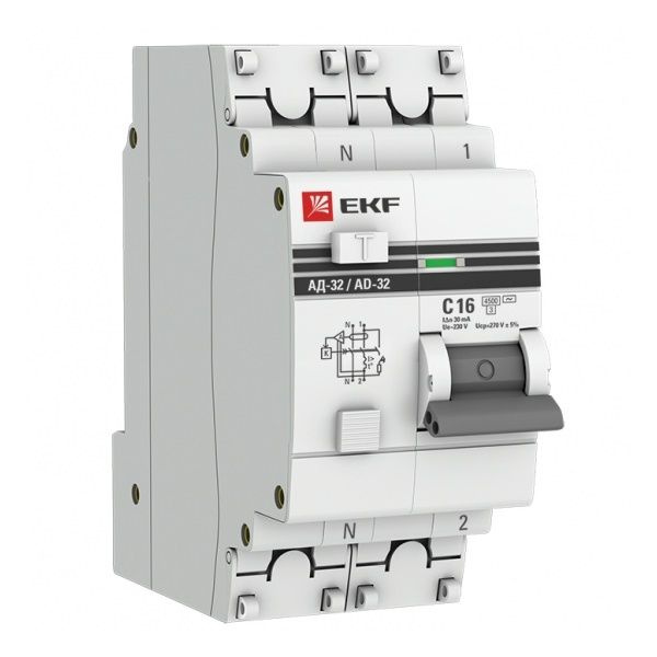 Дифференциальный автомат АД-32 1P+N 16А/30мА (хар. C, AC, электронный, защита 270В) 4,5кА EKF PROx  #1