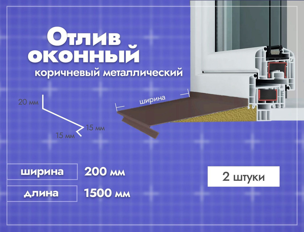 Отлив оконный Коричневый. Ширина полки 200мм. Длина 1500мм. 2 шт.  #1