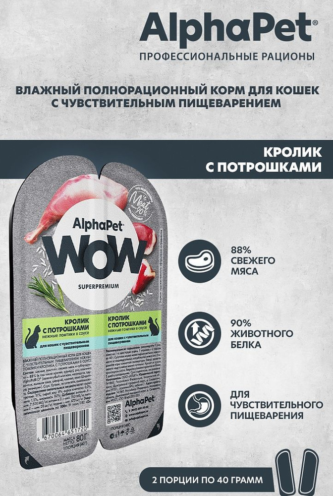 Влажный полнорационный корм AlphaPet WOW (АльфаПет) для кошек c чувствительным пищеварением кролик с #1