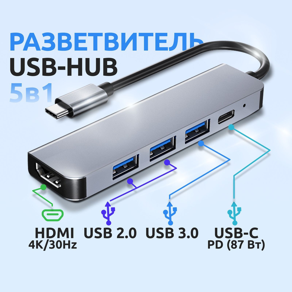 USB разветвитель 5 в 1 HDMI, USB hub универсальный, переходник type c на usb, USB хаб 3.0 быстрая зарядка #1