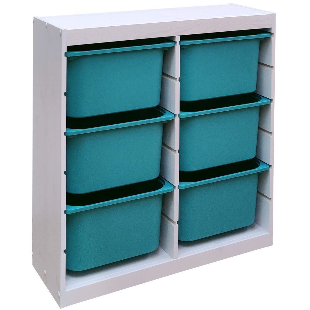 Белый стеллаж для игрушек с бирюзовыми (6) контейнерами TROFAST, 86.6х30х90.6 см  #1