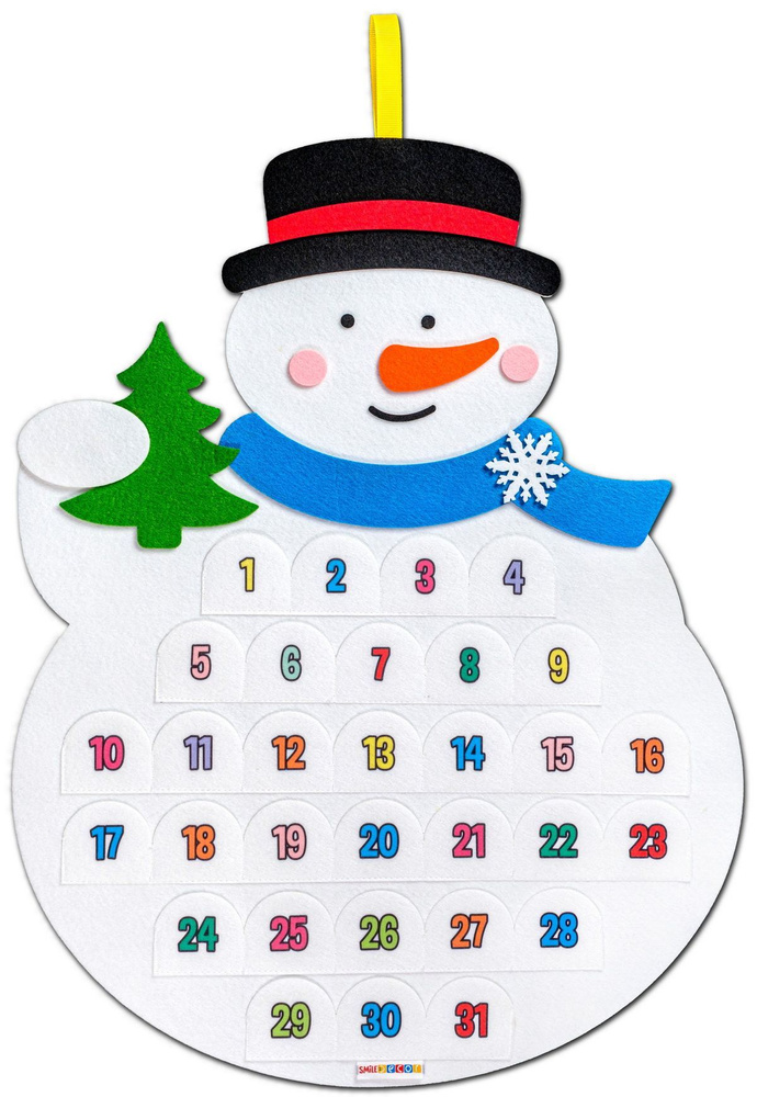 Новогодний адвент-календарь Smile Decor "Снеговик", большой коврик из фетра с деревянными фигурками, #1