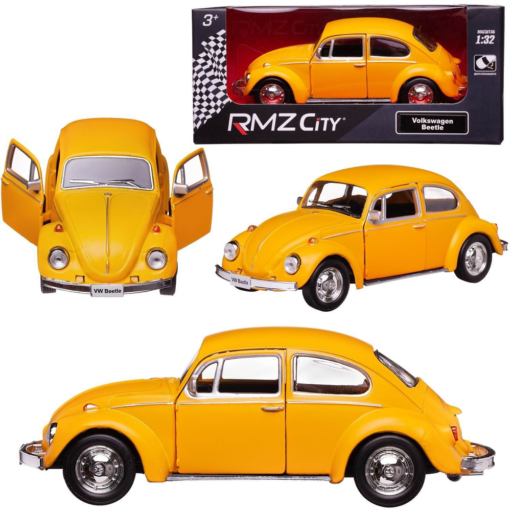 Машинка металлическая Uni-Fortune RMZ City 1:32 Volkswagen Beetle 1967, инерционная, желтый матовый цвет, #1