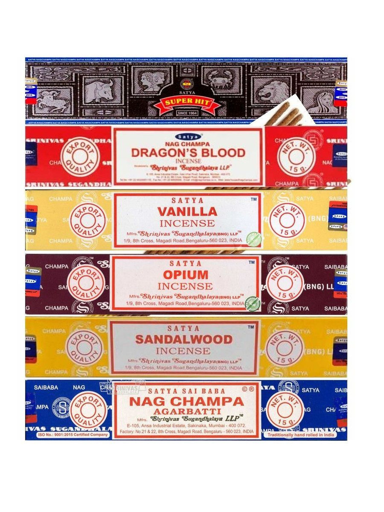 Набор благовония Сатья / Satya 6 пачек по 15 гр. № 10 Nag champa, Super Hit, Opum, Dragon's Blood, Vanilla, #1