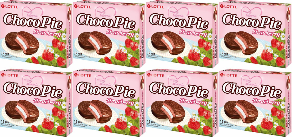 Печенье Lotte ChocoPie Strawberry прослоенное глазированное со вкусом клубники, комплект: 8 упаковок #1