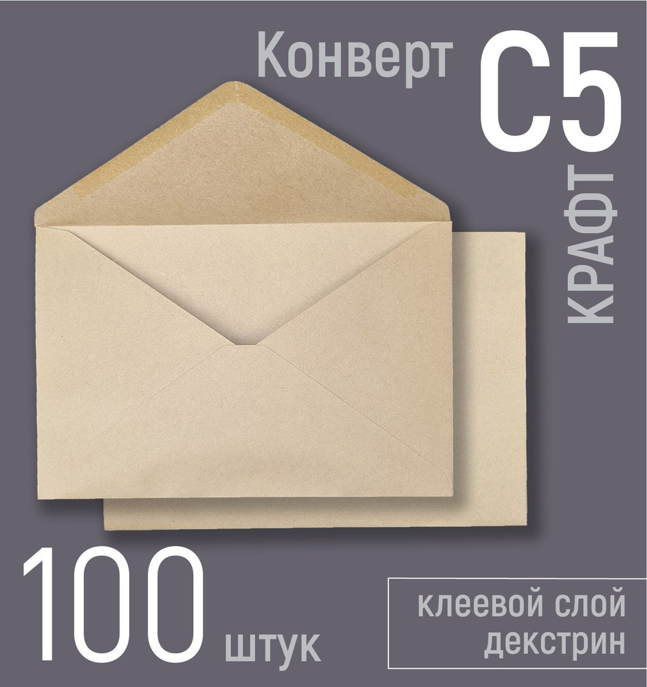 Конверты бумажные крафтовые С5 (под вложения А5) 162х229 мм, почтовые крафт-конверты, набор 100 шт., #1