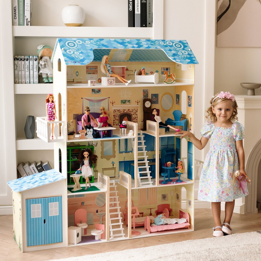 Деревянный кукольный домик "Лира", с мебелью 28 предметов в наборе и с гаражом, для кукол 30 см  #1